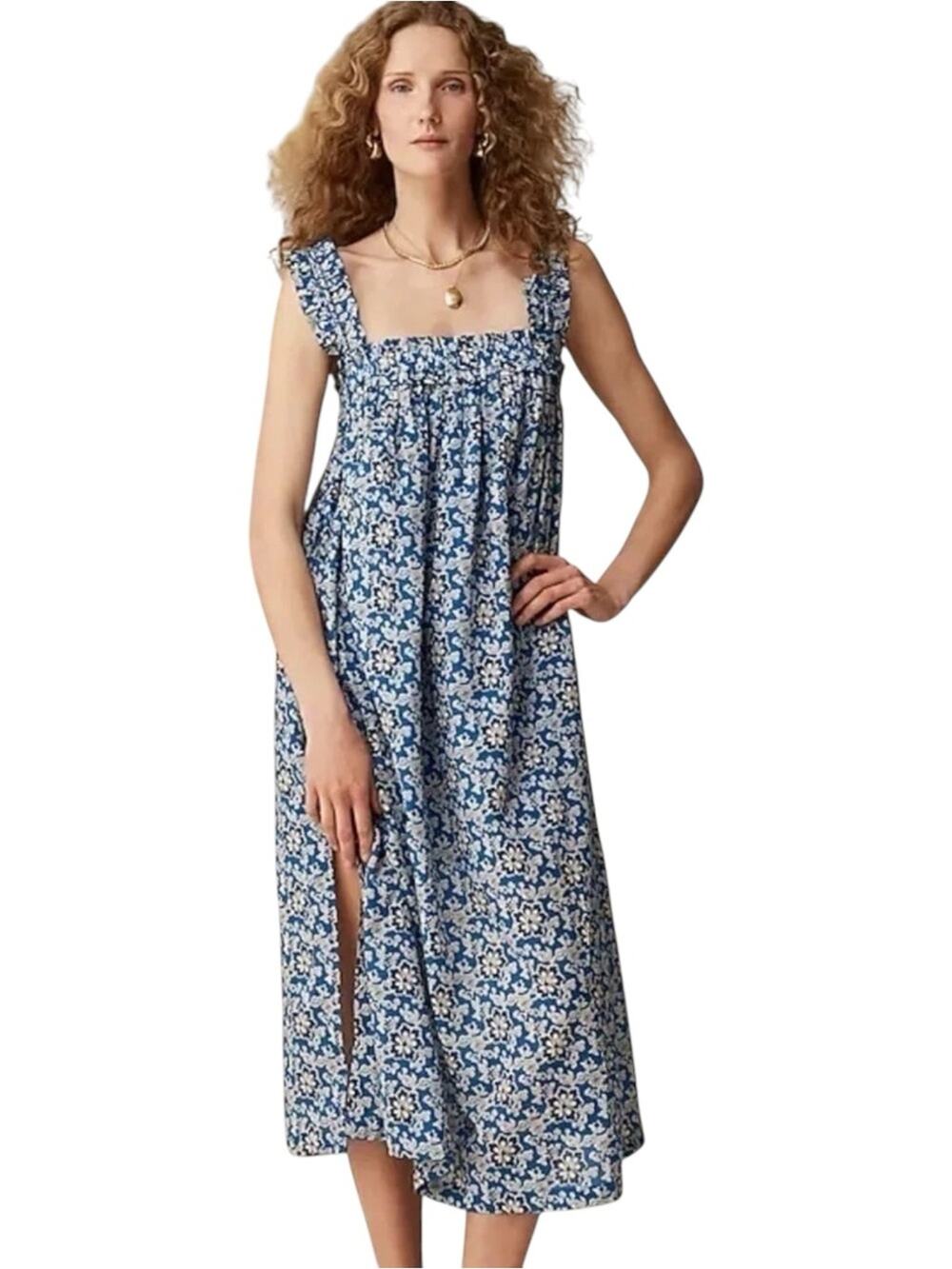 J. Crew Cotton Voile Ruffle-Trim Shift Midi Dress Cobalt Floral Size L NWT